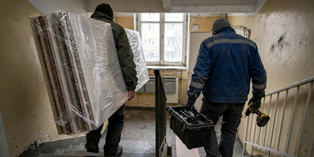 Wynoszenie foteli biurowych i regałów na korytarz przy windzie towarowej