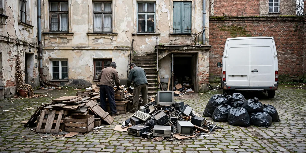 Zawartość piwnicy spakowana w worki i kartony przed wyniesieniem
