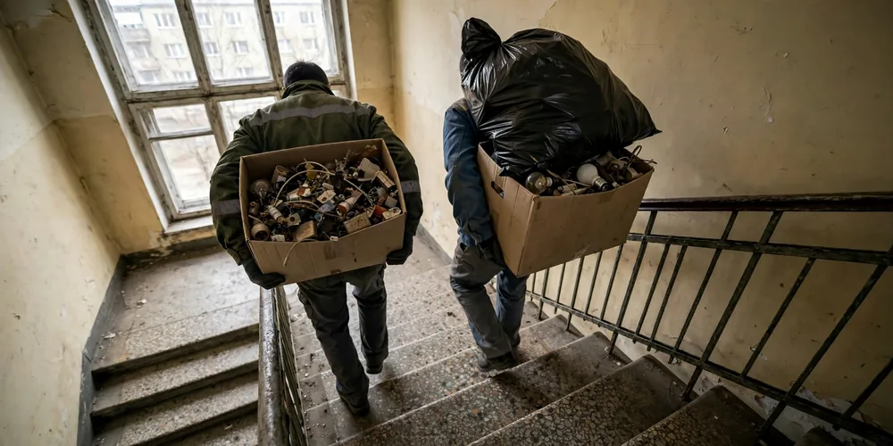Znoszenie rolki wykładziny po schodach w budynku bez windy