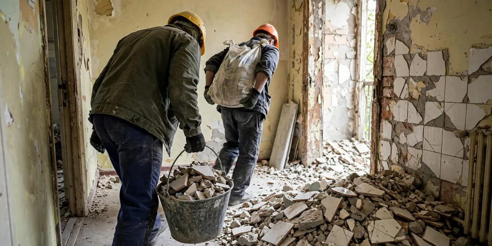 Worki z gruzem i odpadami poremontowymi przygotowane do wyniesienia