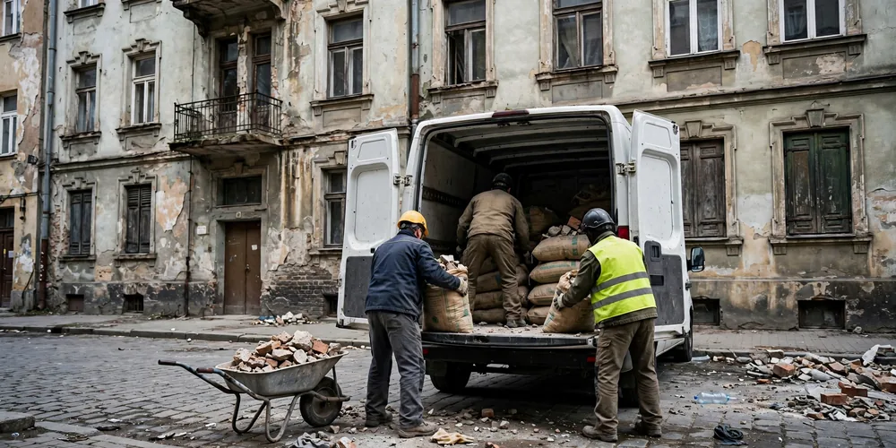 Znoszenie worków z odpadami poremontowymi po schodach bez windy