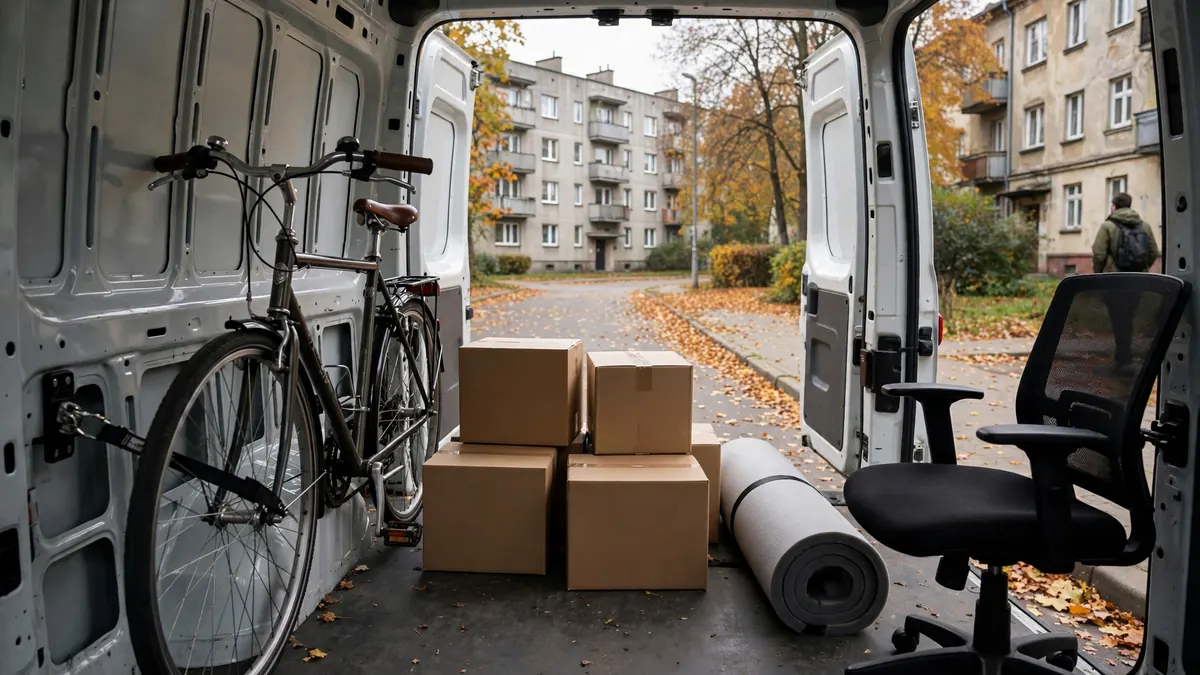Otwarta tylna część białego busa dostawczego z kartonami, rowerem przypiętym pasem do ściany i rolowanym materacem