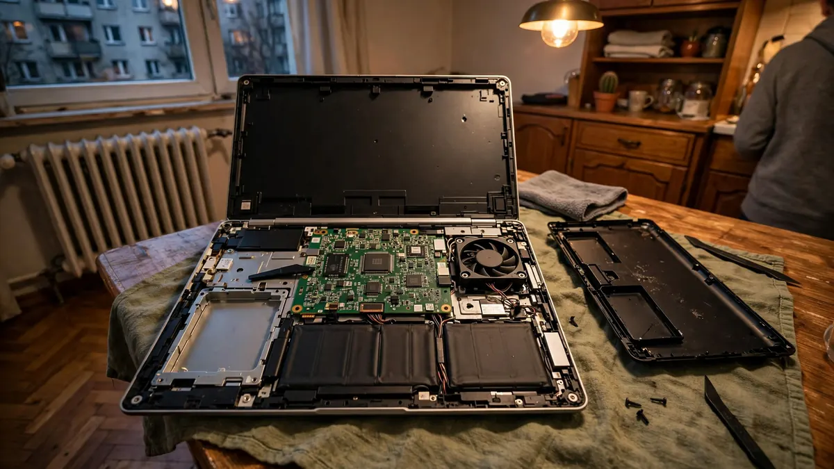 Odwrócony spodem do góry laptop ze zdjętą pokrywą, widoczna płyta główna i pusta kieszeń po dysku