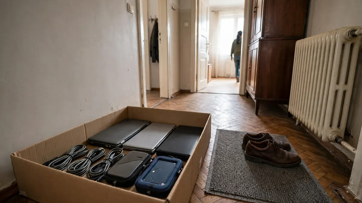 Kilka starych laptopów, zasilaczy i zewnętrznych dysków ułożonych w kartonie na podłodze przedpokoju