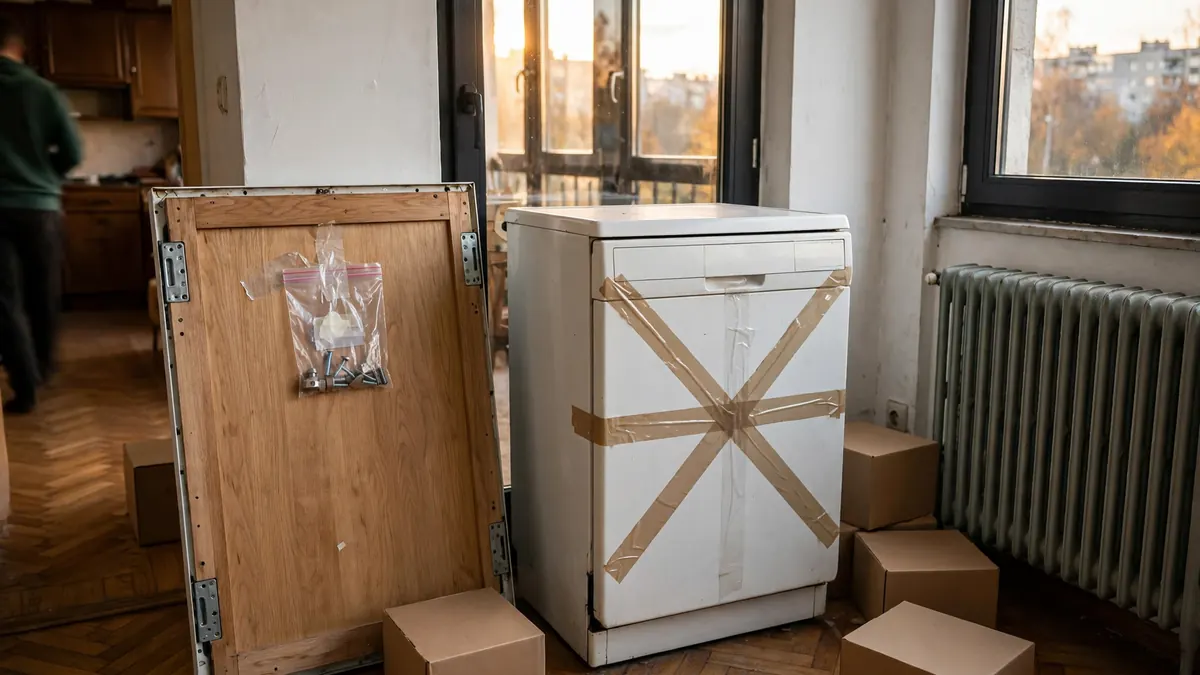 Front meblowy zmywarki odkręcony i oparty o ścianę kuchni, obok stoi stara biała zmywarka bez frontu