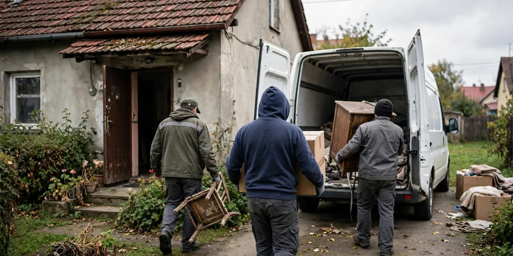 Opróżnianie domów Ozorków — ekipa wynosi rzeczy z opróżnianego lokalu